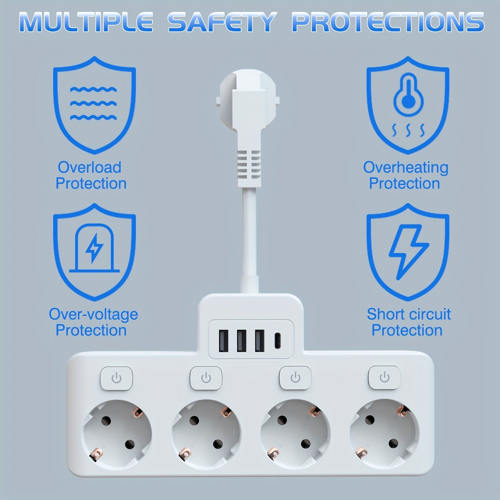 Power Strip with 4 AC Outlets and 4 USB Ports, Individual Switches, Short Cord