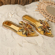Women Metallic Slip-On Mules with Floral Bow Pointed Toe Flats