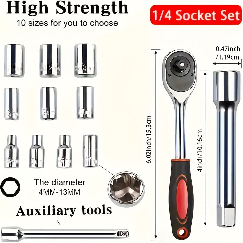 12-Piece Chrome Plated Steel Ratchet Wrench Set 1/4 and 1/2 Inch Auto Repair Tools