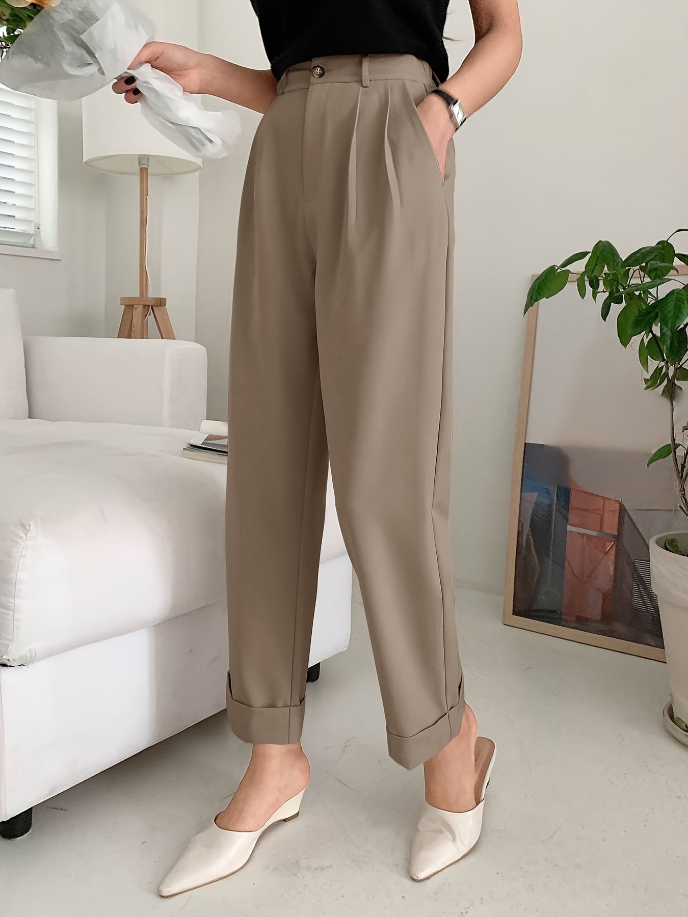 Pantalones de traje de pierna ancha para mujer con bolsillos inclinados, color sólido, casual, para todas las estaciones