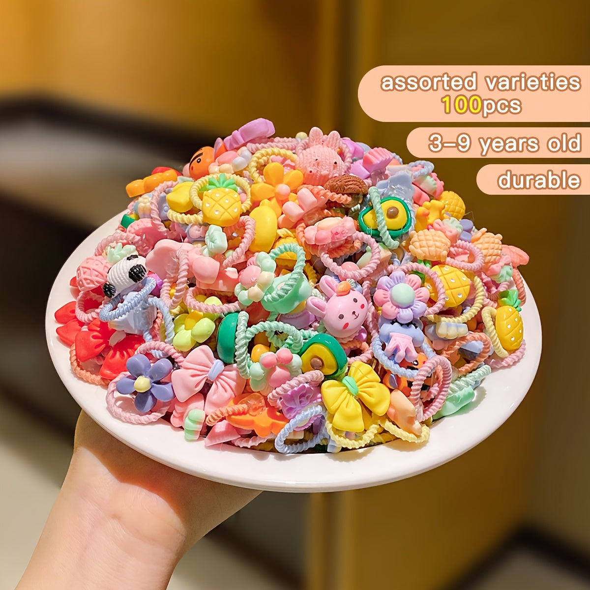 Bolalar uchun rang-barang multfilmli ipli soch halqalar 3-14 yosh uchun rezin aksessuarlar 100 ta paket