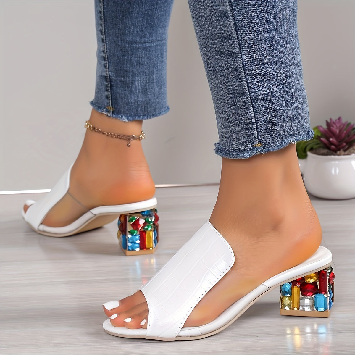 Women's Chunky Heel Sandals Open Toe Slip-On Platform High Heel Solid Color