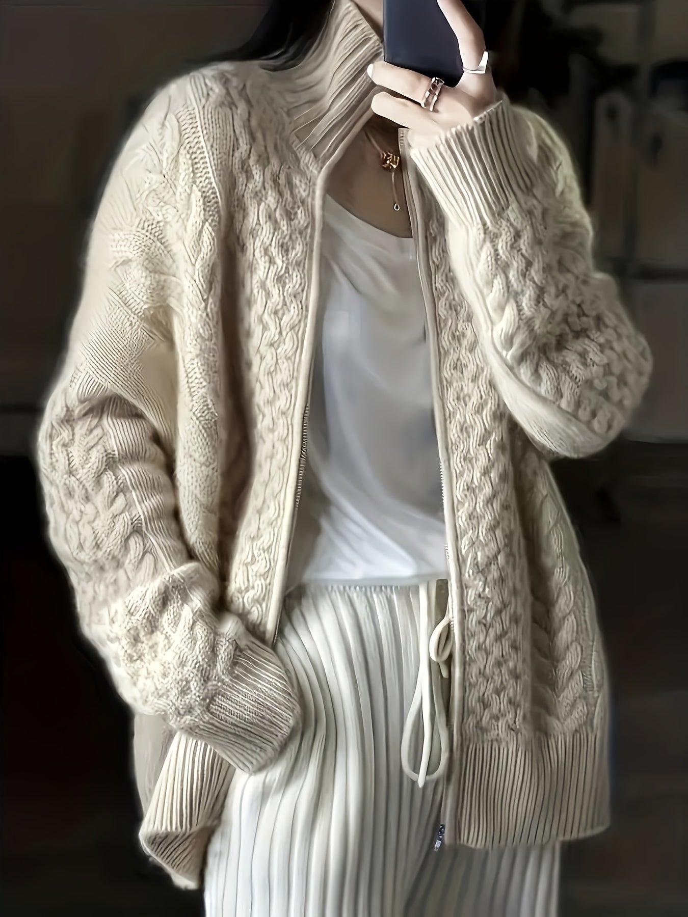 Women's High Neck Solid Color Polyester Sweater with Zipper for Fall Winter