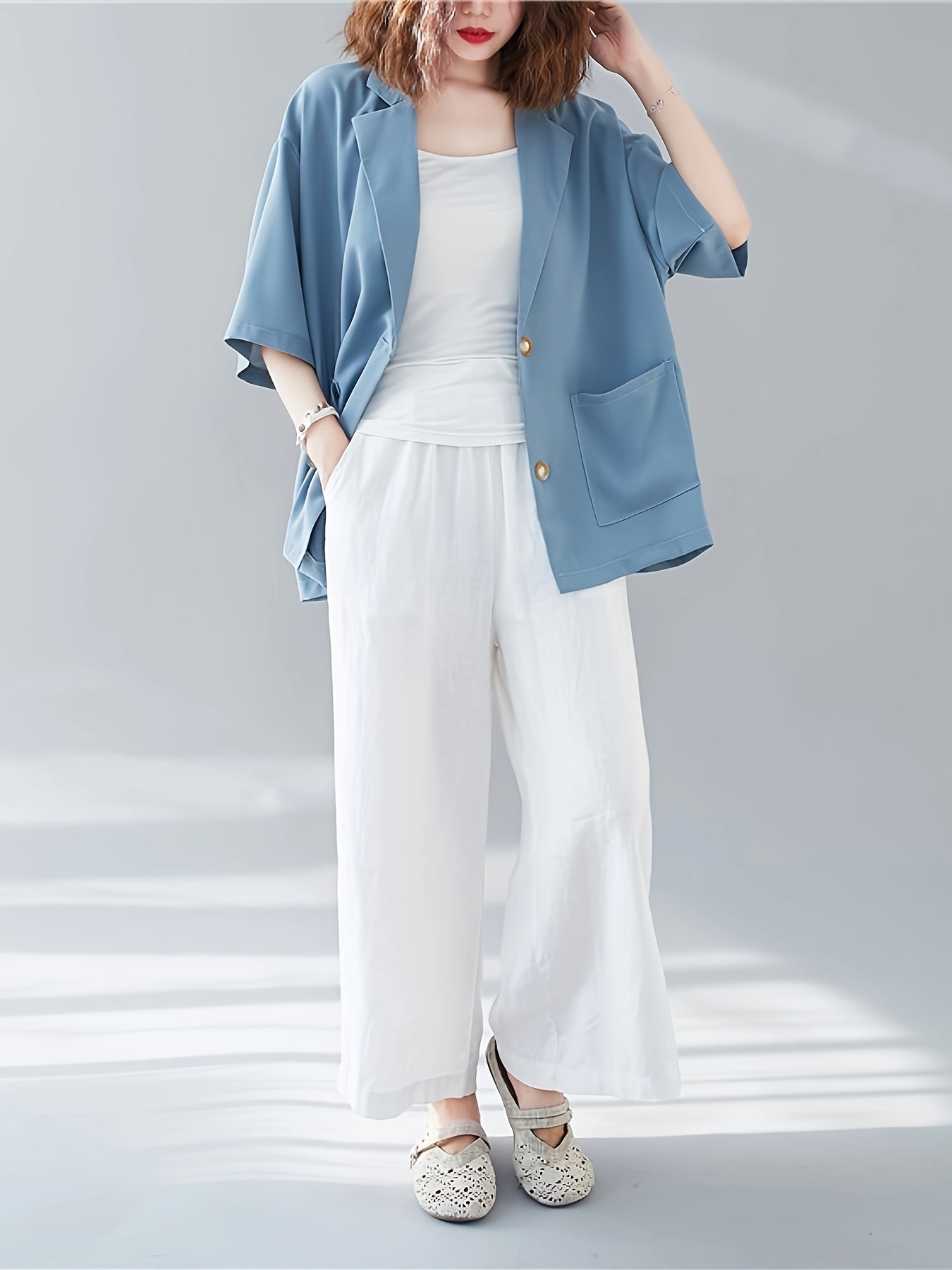 Women's Plus Size Light Blue Open Front Blazer Casual Long Sleeve Jacket