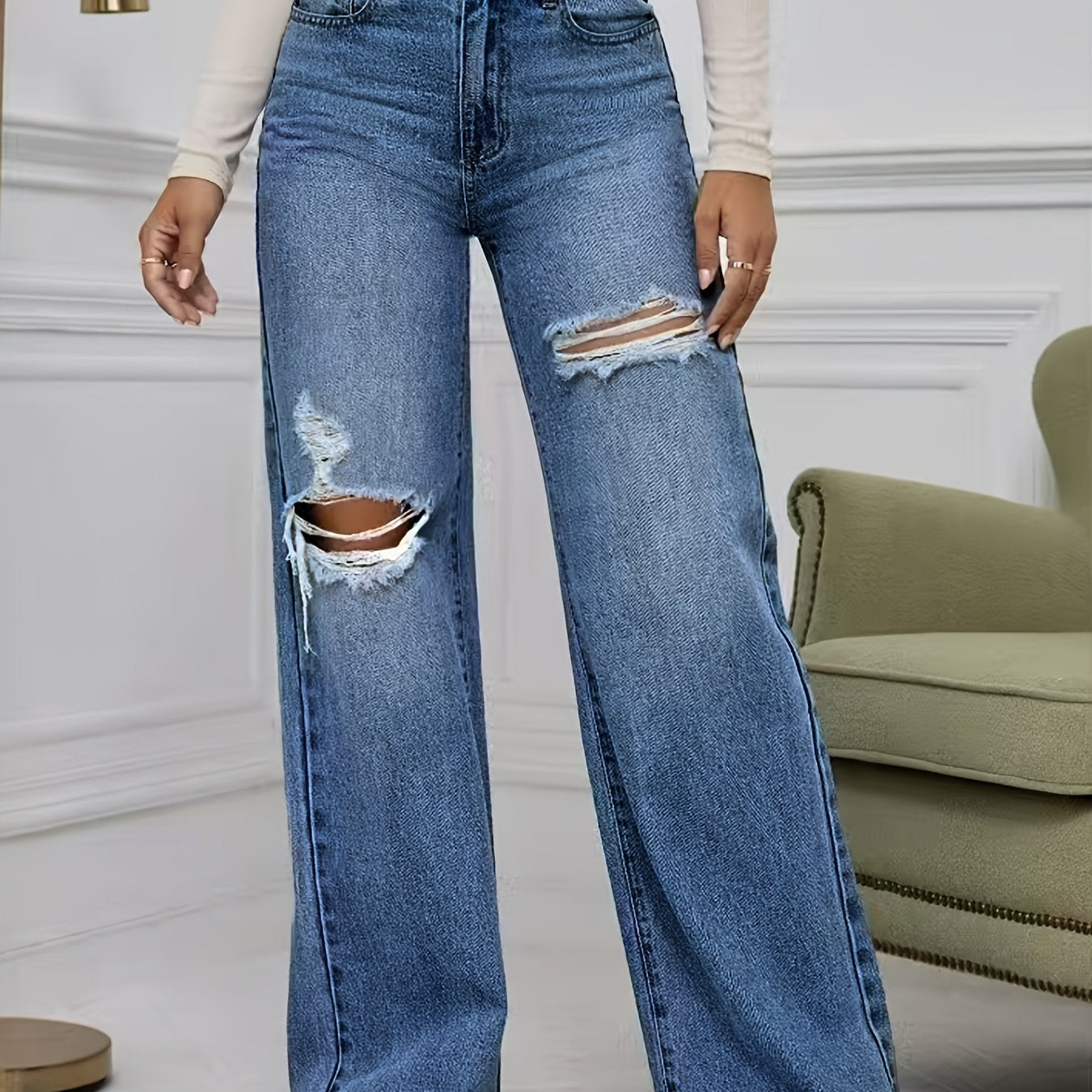 Women's Plus Size High-Waisted Ripped Jeans Stretch Denim Wide Leg Pants
