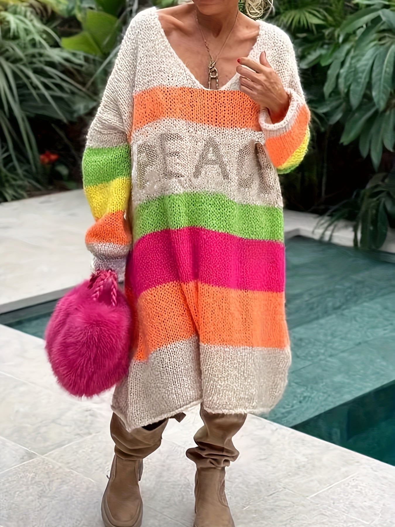 Plus Size Knit Dress Long Sleeve V-Neck Striped Casual Womens Clothing