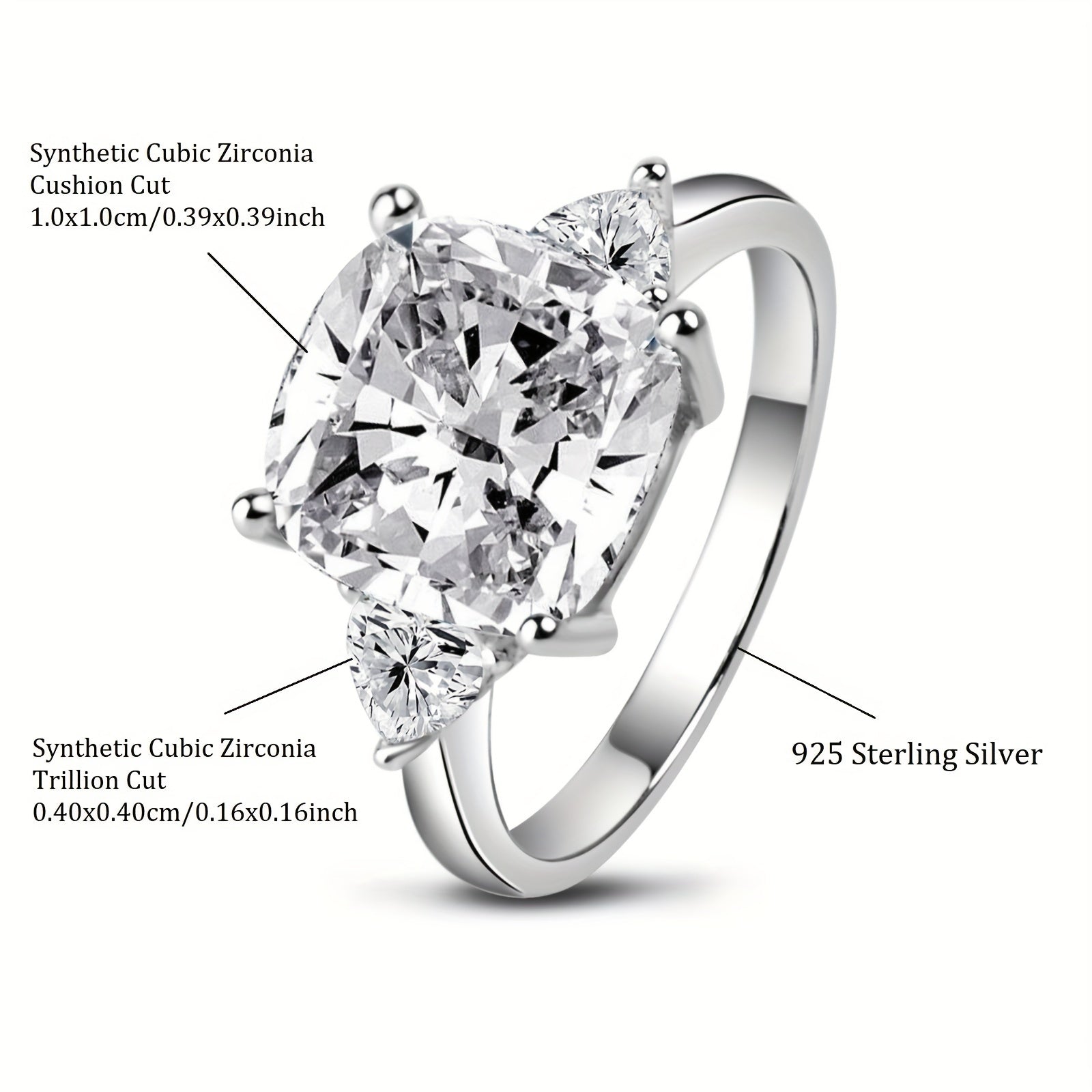 Sterling Silver Engagement Ring with 3-Stone Cubic Zirconia Square Triangle Design