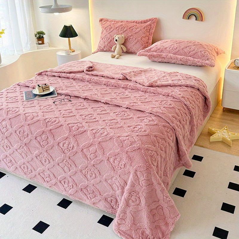 Fleece Bed Blanket White Geometric Embroidered All-Season Polyester 3D Embroidery