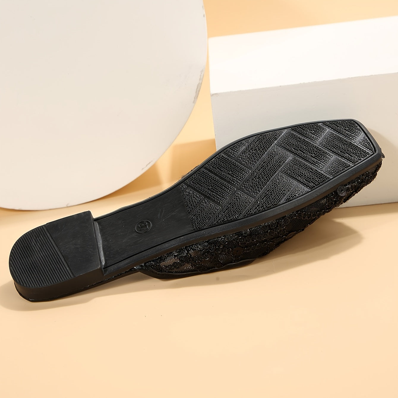 Women's Flat Mules with Sequins Square Toe Mesh Slip-On Summer Shoes