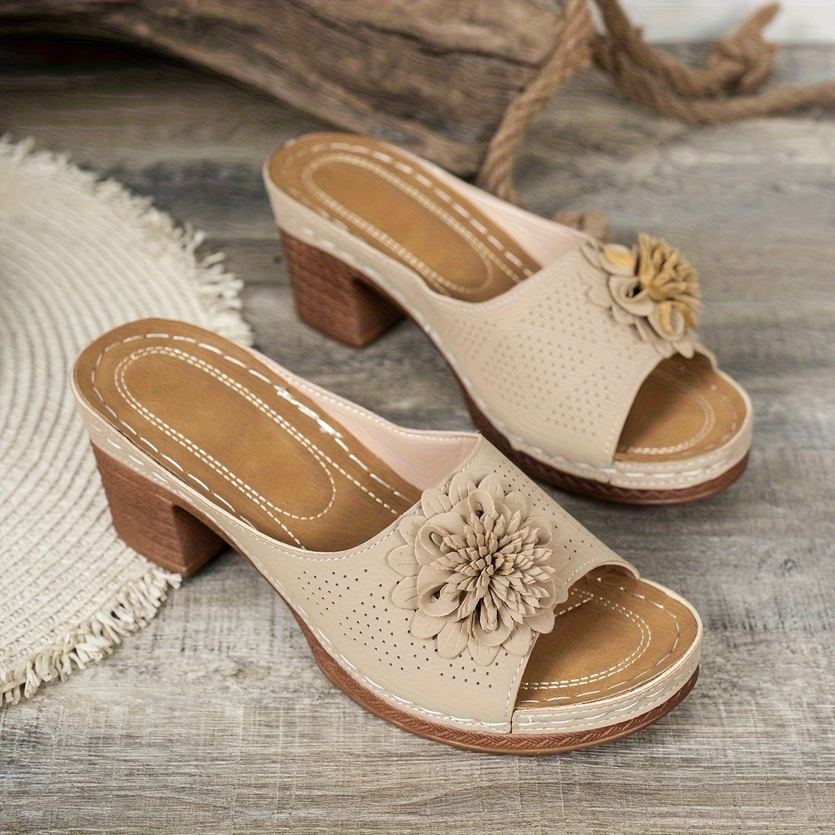 Women's Beige White Floral Open-Toe High Heel Sandals Summer Wedding Casual