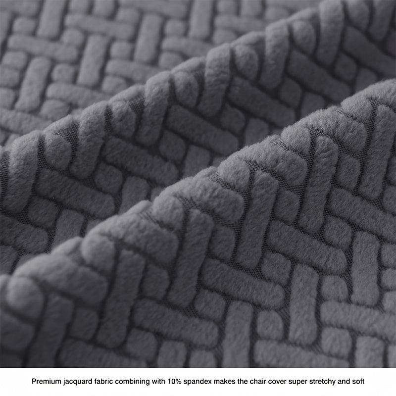 Zamonaviy jakard matosidan tayyorlangan cho'ziluvchan T-shaklidagi stul qoplamasi, mashinada yuvish mumkin, elastik lenta bilan yopiladi. Stilizatsiya qilingan uy dekoratsiyasi uchun spandeks/polister aralashmasi.