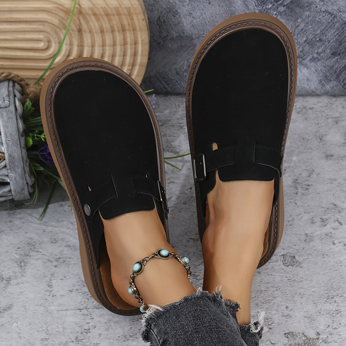 Women's Casual Buckle Loafers All-Season PU Upper Rubber Sole Flannel Insole