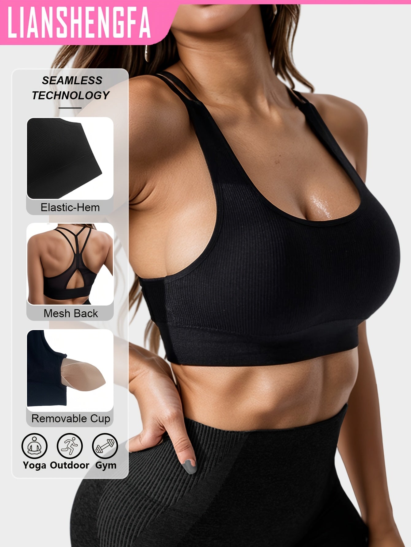 High-Elastic Sports Bra Seamless Yoga Tank Top Breathable Mesh Double Shoulder