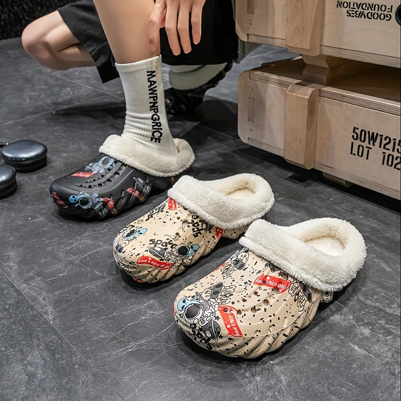 Women's Alien Print Fleece-Lined Clogs Cozy Warm Slip-On Winter Shoes