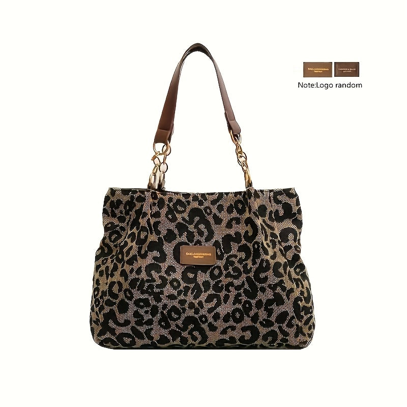 Leopard Print Canvas Tote Bag with Zipper Closure for Work School Shopping