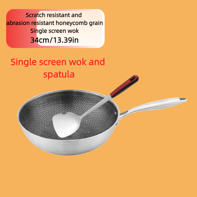 Honeycomb Non-Stick Uncoated Wok, zanglamas po'latdan yasalgan oshpaz tutqichi bilan, chizishdan himoyalangan, gaz va induksion plitalar uchun mos, faqat qo'l bilan yuvish uchun mo'ljallangan qozon.