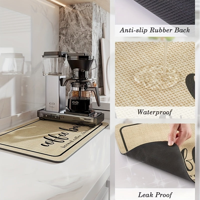 Quick-Dry Coffee Mat with Hidden Stain Absorption and Rubber Backing for Kitchen Counter