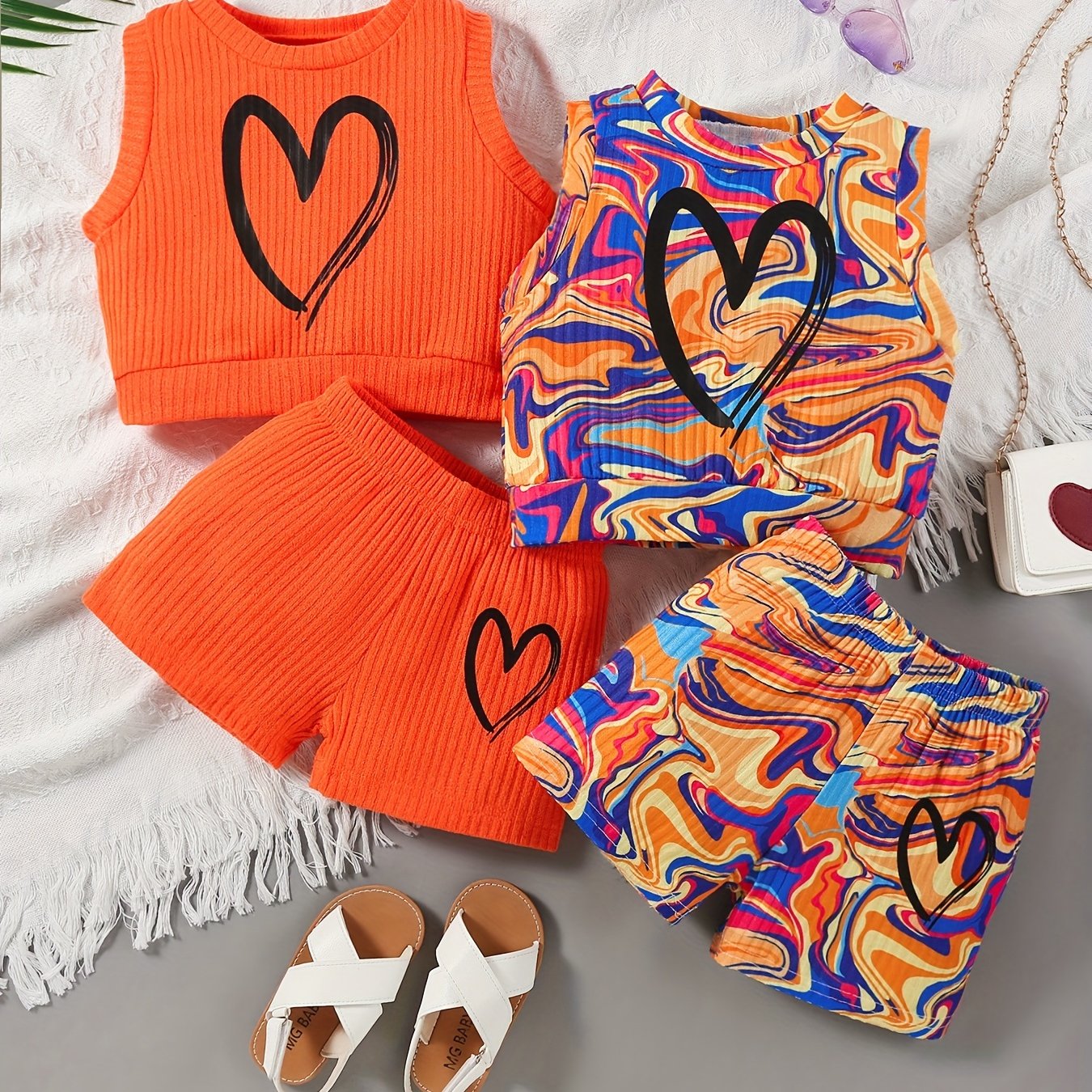 Girls Summer Outfit Set 4 Pieces Heart Print Tank Top and Shorts Polyester Knit Casual