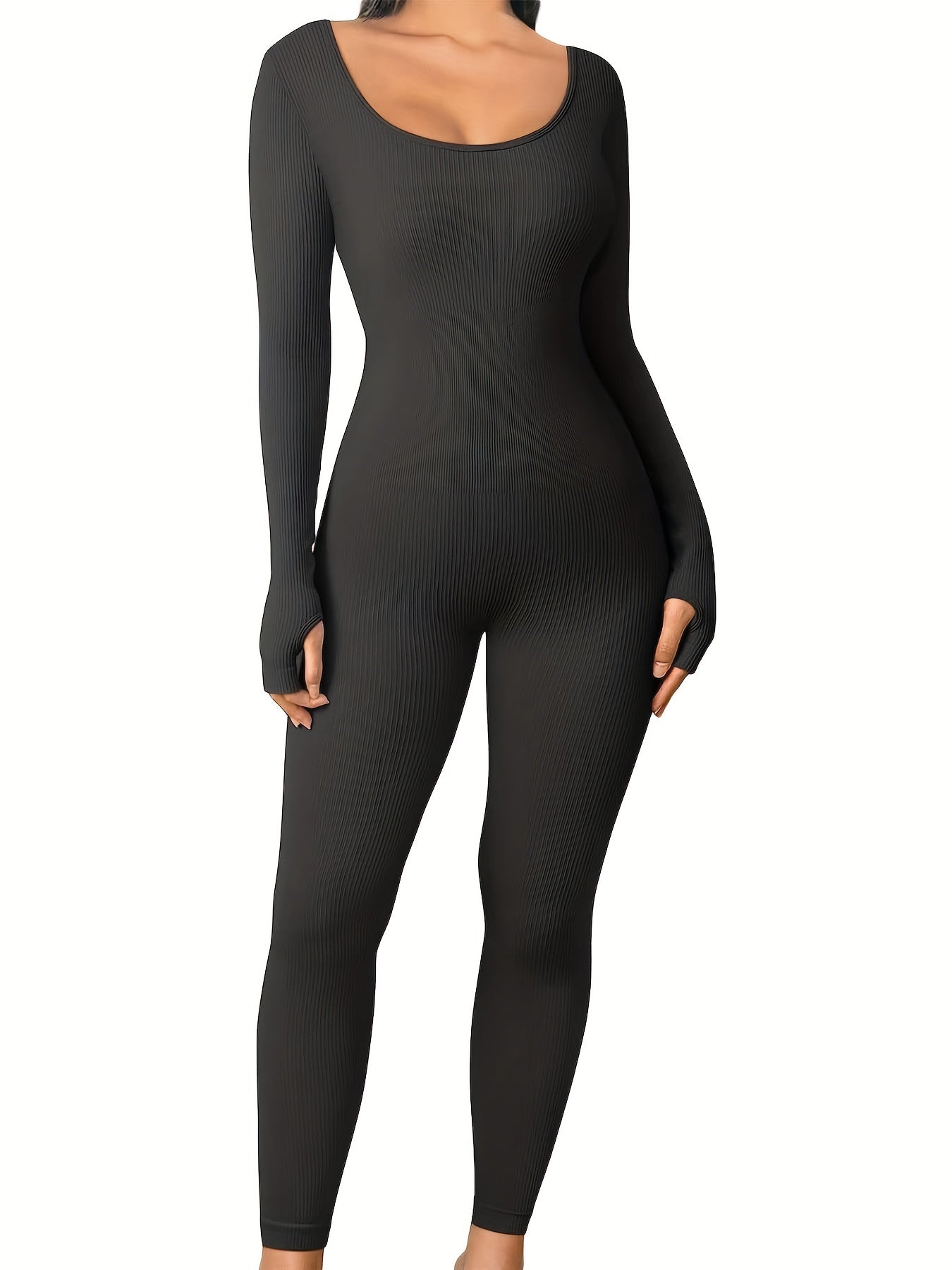 Seamless Body Shaping Jumpsuit for Women Long Sleeve Slimming Shapewear Solid Black