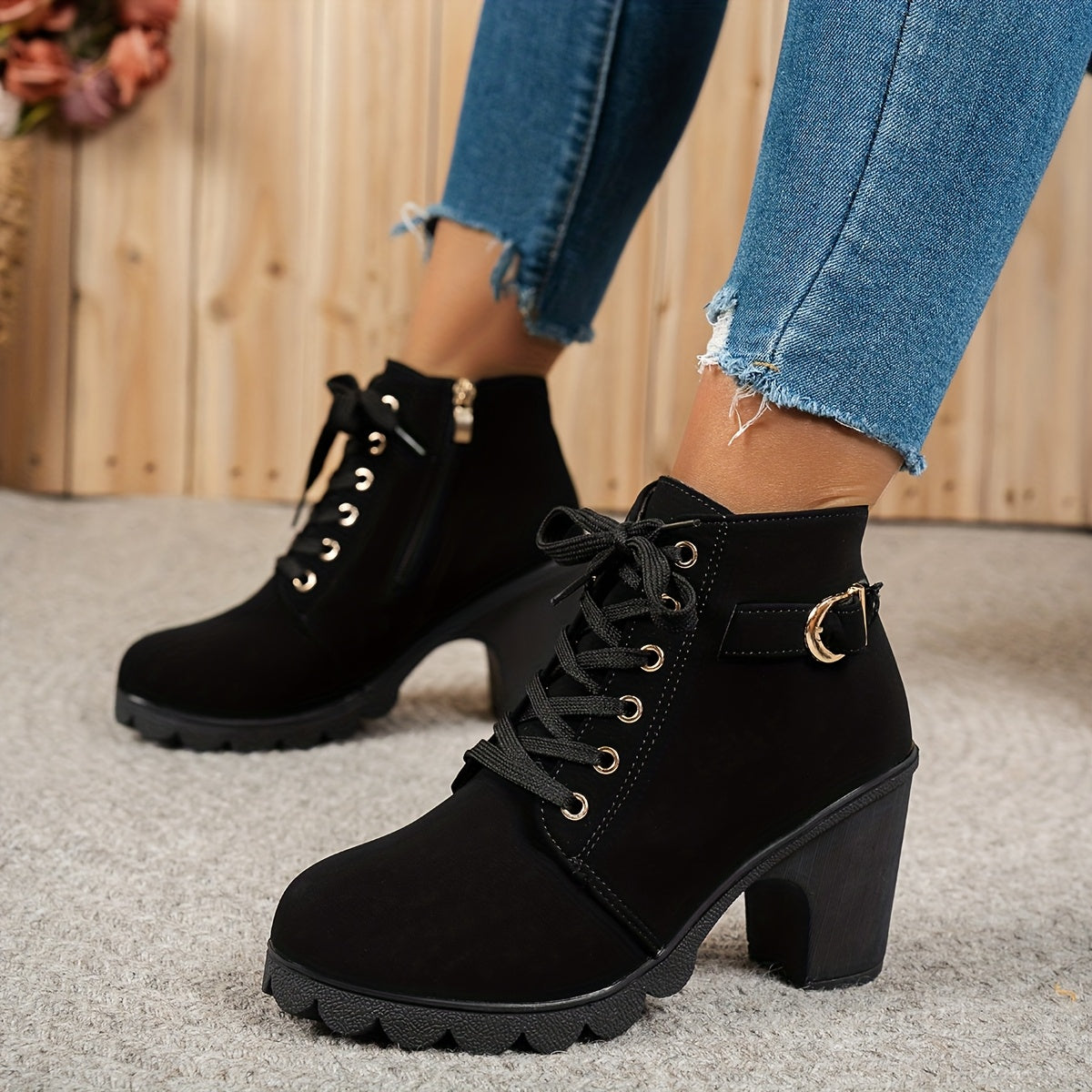 Women's Pointed Toe Mary Jane Boots Thick Platform High Heel Lace-Up Zipper Sneakers