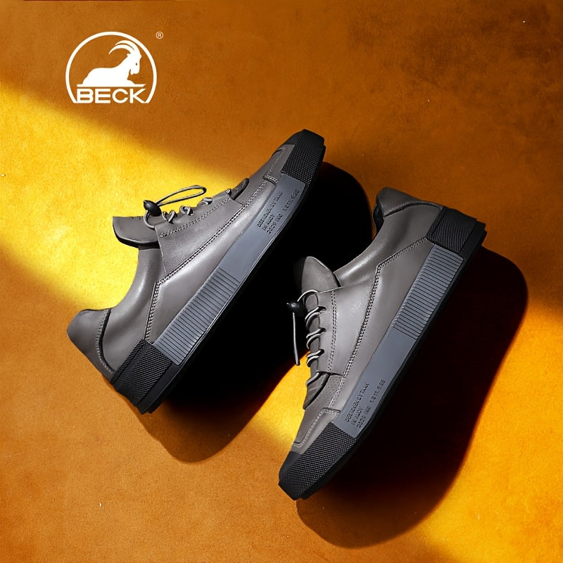 Men's Leather Sneakers with Striped Lace-Up Design, Rubber Sole, Breathable Fabric Inner