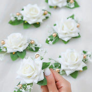 Set of 6 Boho Bridal Corsages Faux Rose Boutonnieres with Gold Pearls and Foliage for Weddings and Events