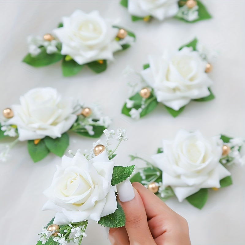 Set of 6 Boho Bridal Corsages Faux Rose Boutonnieres with Gold Pearls and Foliage for Weddings and Events