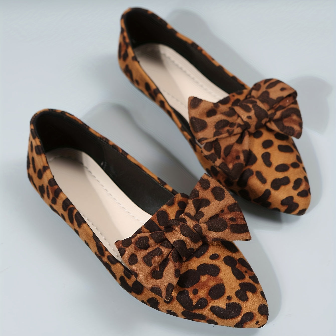 Women's Leopard Print Flat Shoes with Bowknot Decor Pointed Toe Lightweight Slip-On
