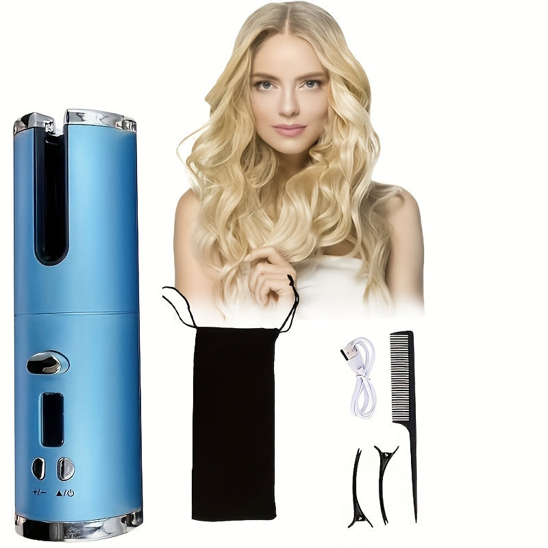 6-in-1 automatic curling iron with temperature settings rechargeable lithium battery ceramic barrel automatic shutoff blue black design