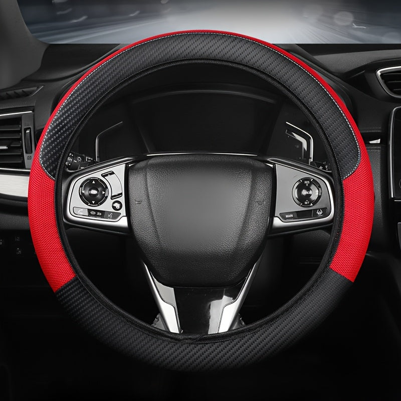Universal Faux Leather Steering Wheel Cover Mesh Carbon Fiber Breathable Non-Slip All-Season