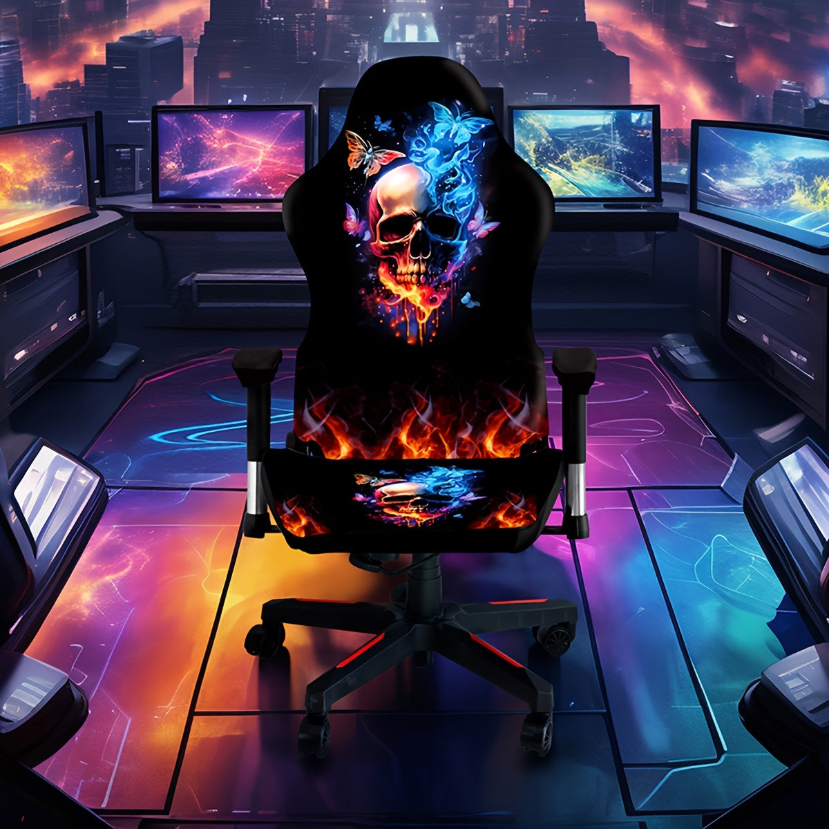 Stretchable Gaming Chair Cover with Eclectic Skull Digital Print Made of Milk Fiber Fabric