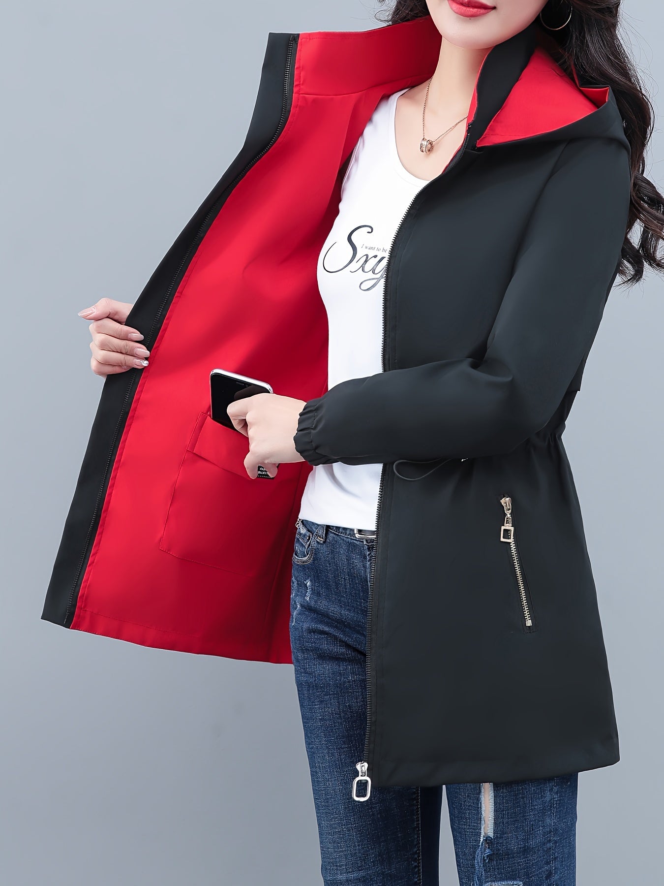 Women's Color Block Windbreaker Hoodie Jacket with Zipper Pockets for Spring Fall