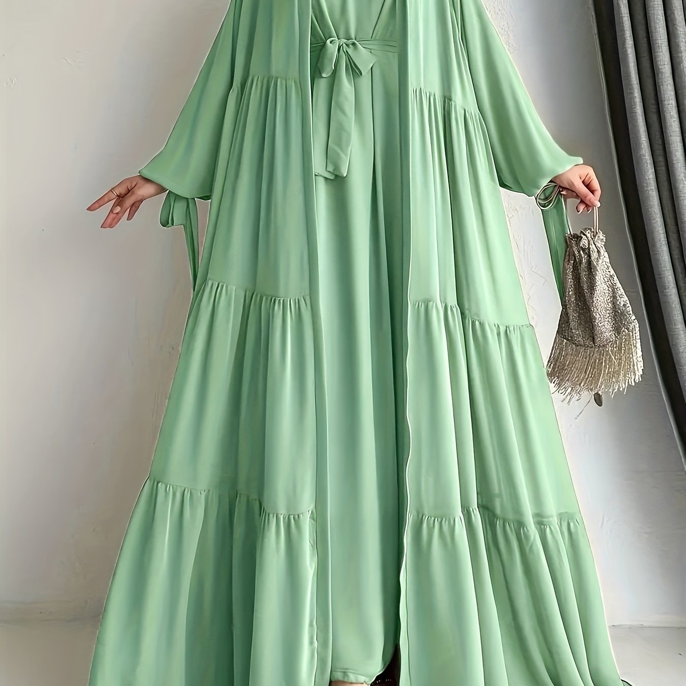 Middle Eastern Abaya Set with Chiffon Robe and Belt Long Sleeve Lantern Ruffle Hem Solid