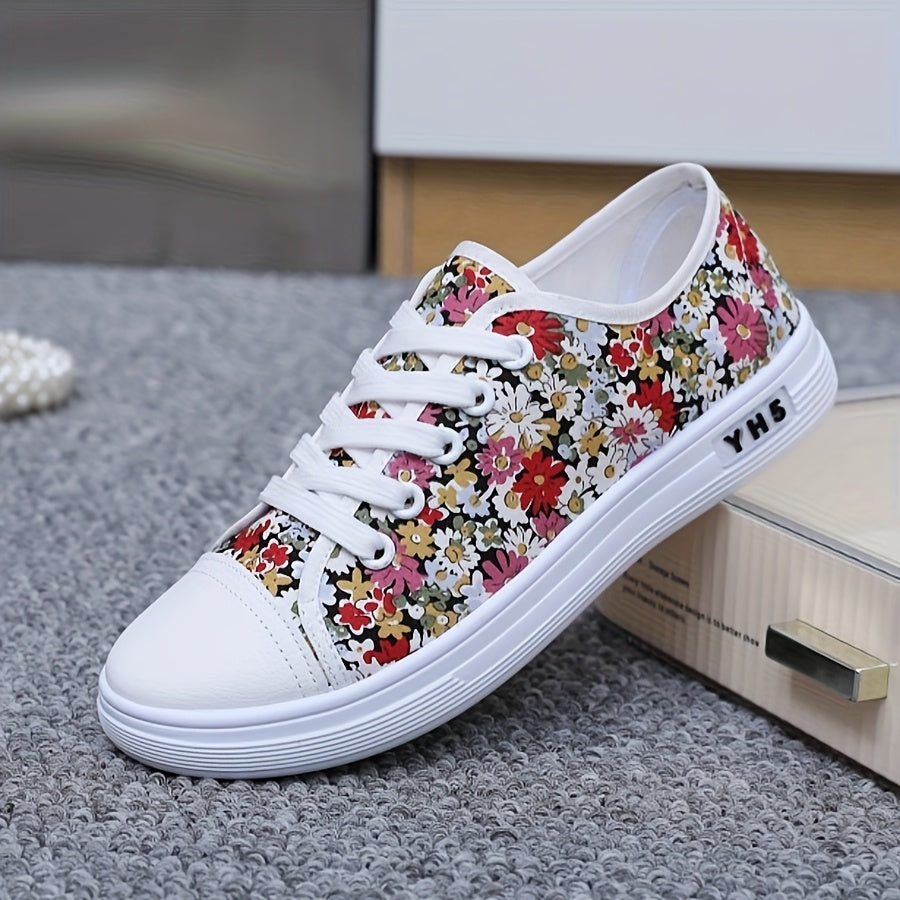 Women’s Floral Sneakers Low-Top Casual Shoes Breathable Fabric White Cherry Blossom