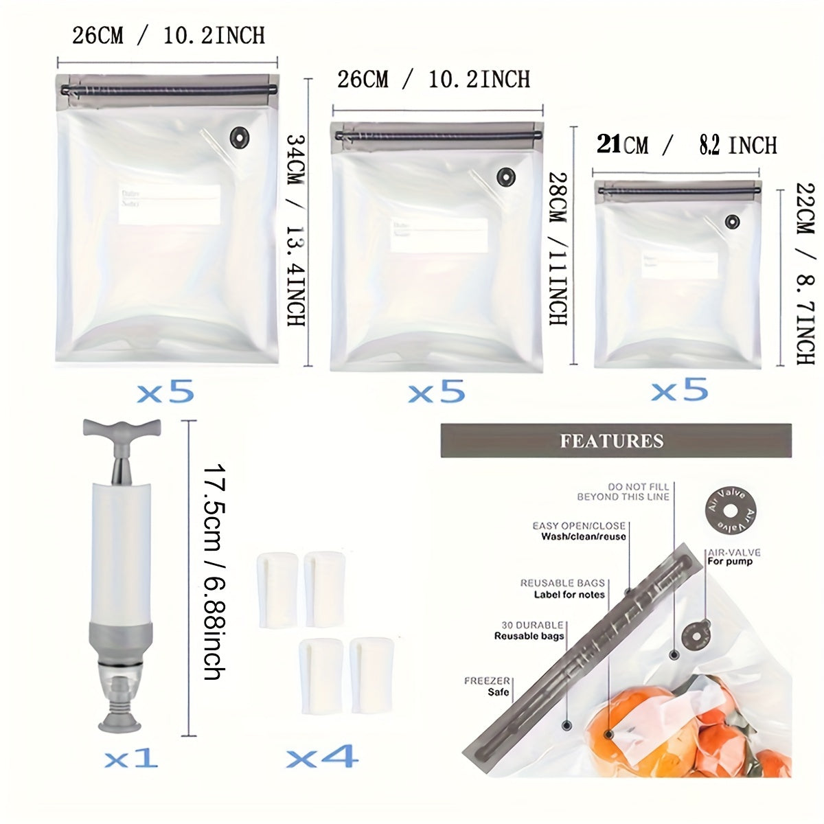 Набор из 20 вакуумных пакетов для хранения продуктов с зажимами и ручным насосом для сохранения свежести