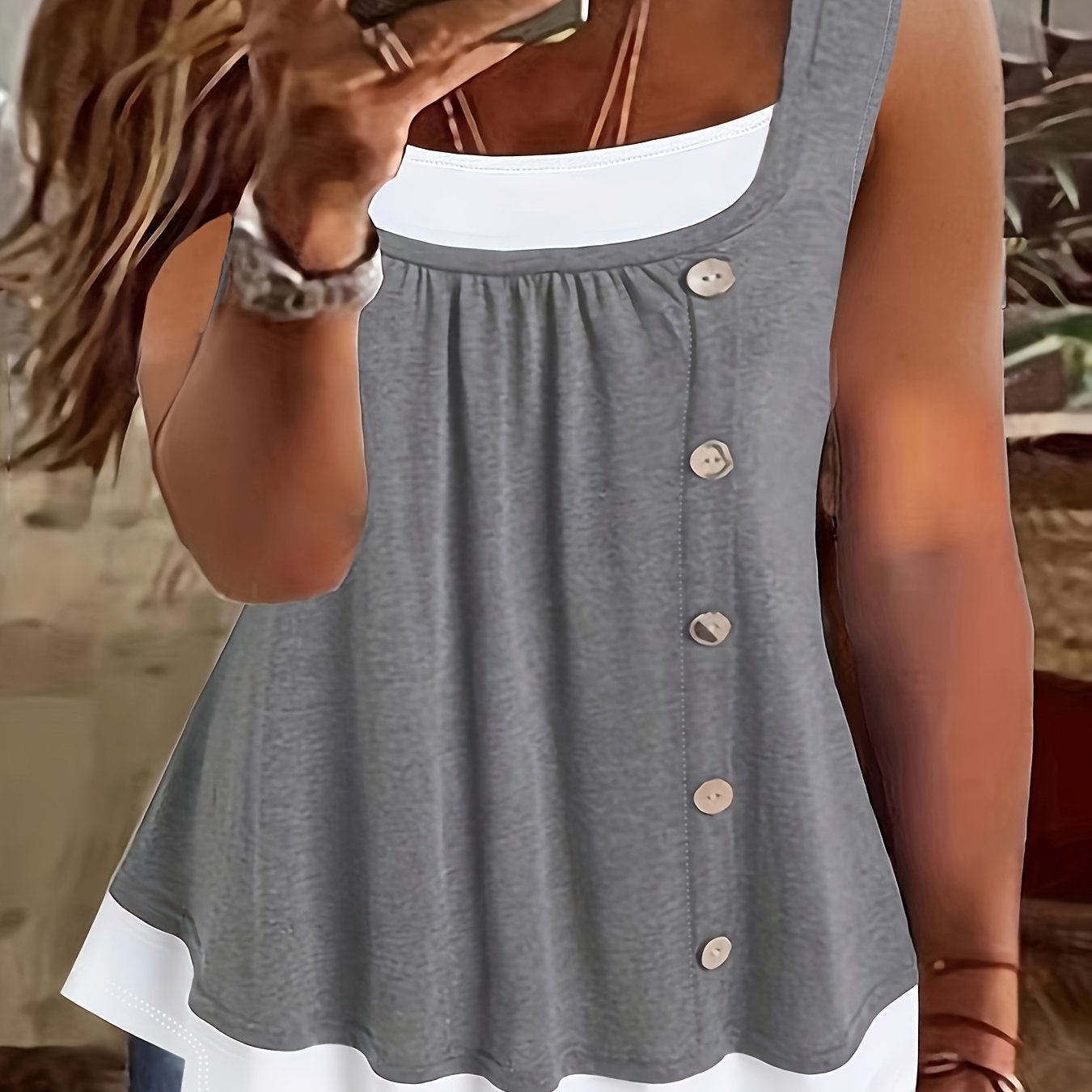 Plus Size Sleeveless Tank Top Casual Button Decor Summer Womens Clothing
