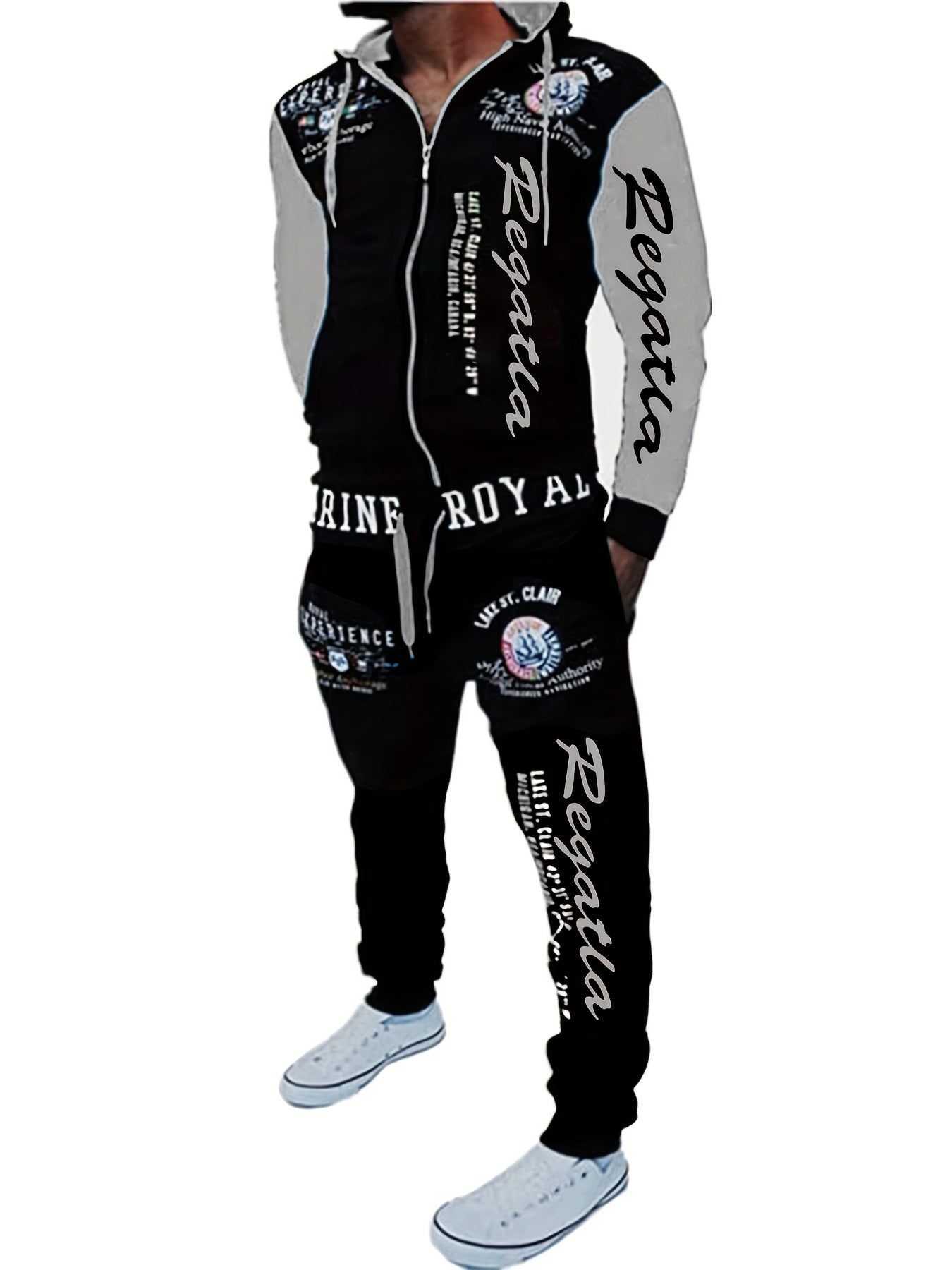 Men's Navy Blue and Black Printed Hoodie and Jogger Set for Casual Sports and Running