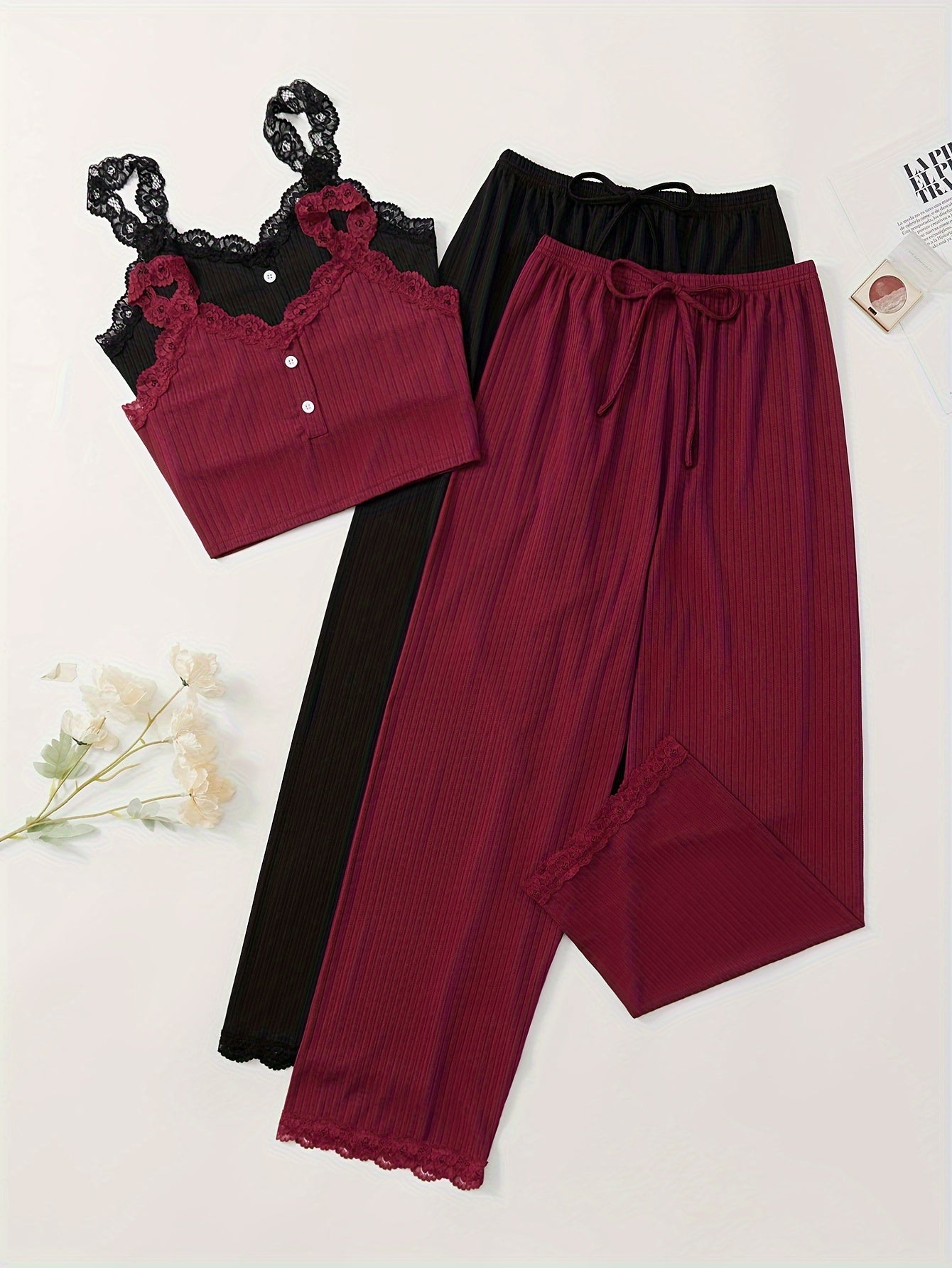 Women's Ribbed Pajama Set with Lace Detail V-Neck Cami Top and Long Pants Multiple Colors