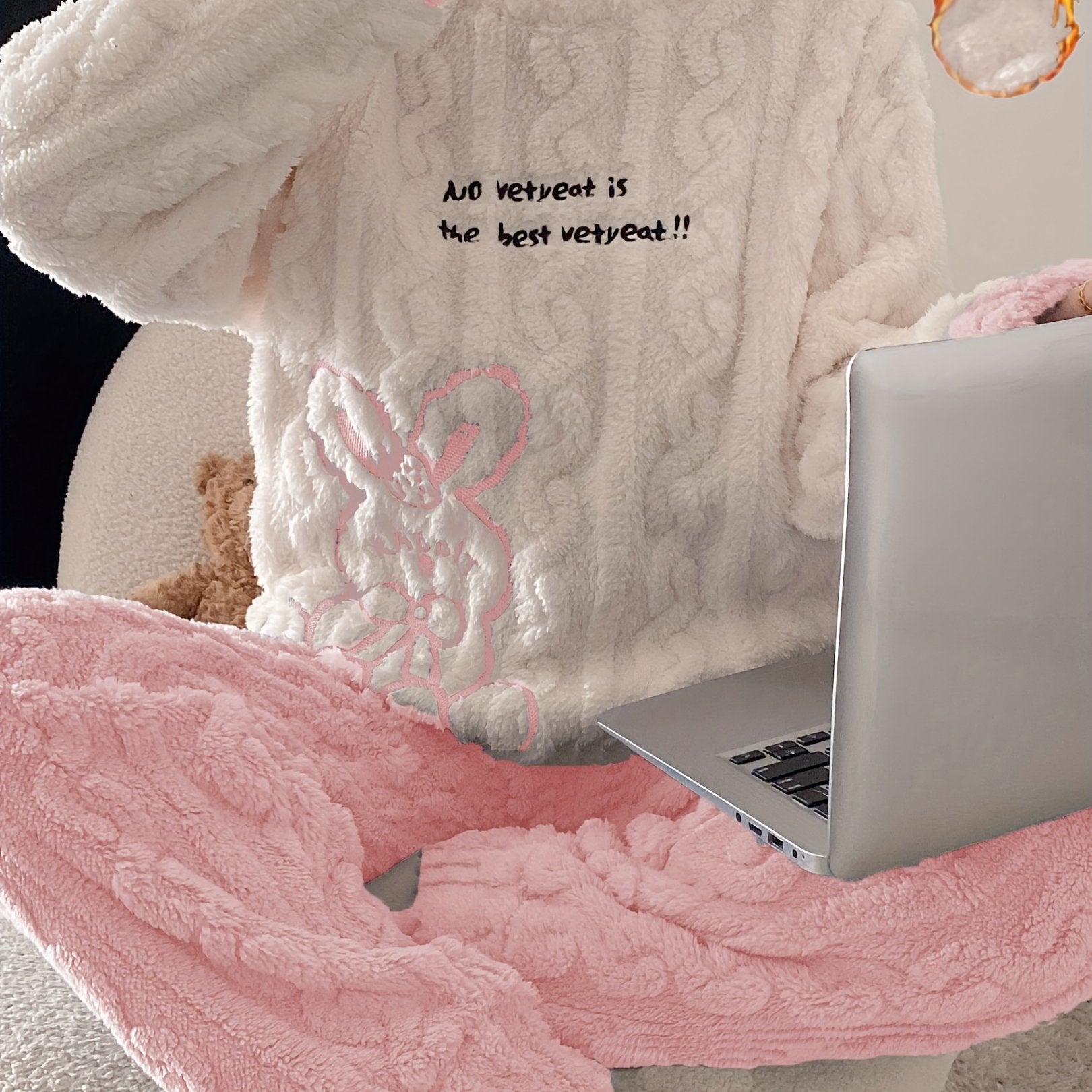 Women's Fleece Pajama Set with Rabbit Pattern Long Sleeve Crew Neck Casual Sleepwear for Teens