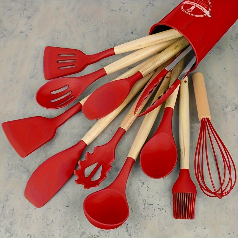 Silicone Kitchen Utensil Set 12 Pieces Non-Stick Safe with Wooden Handles