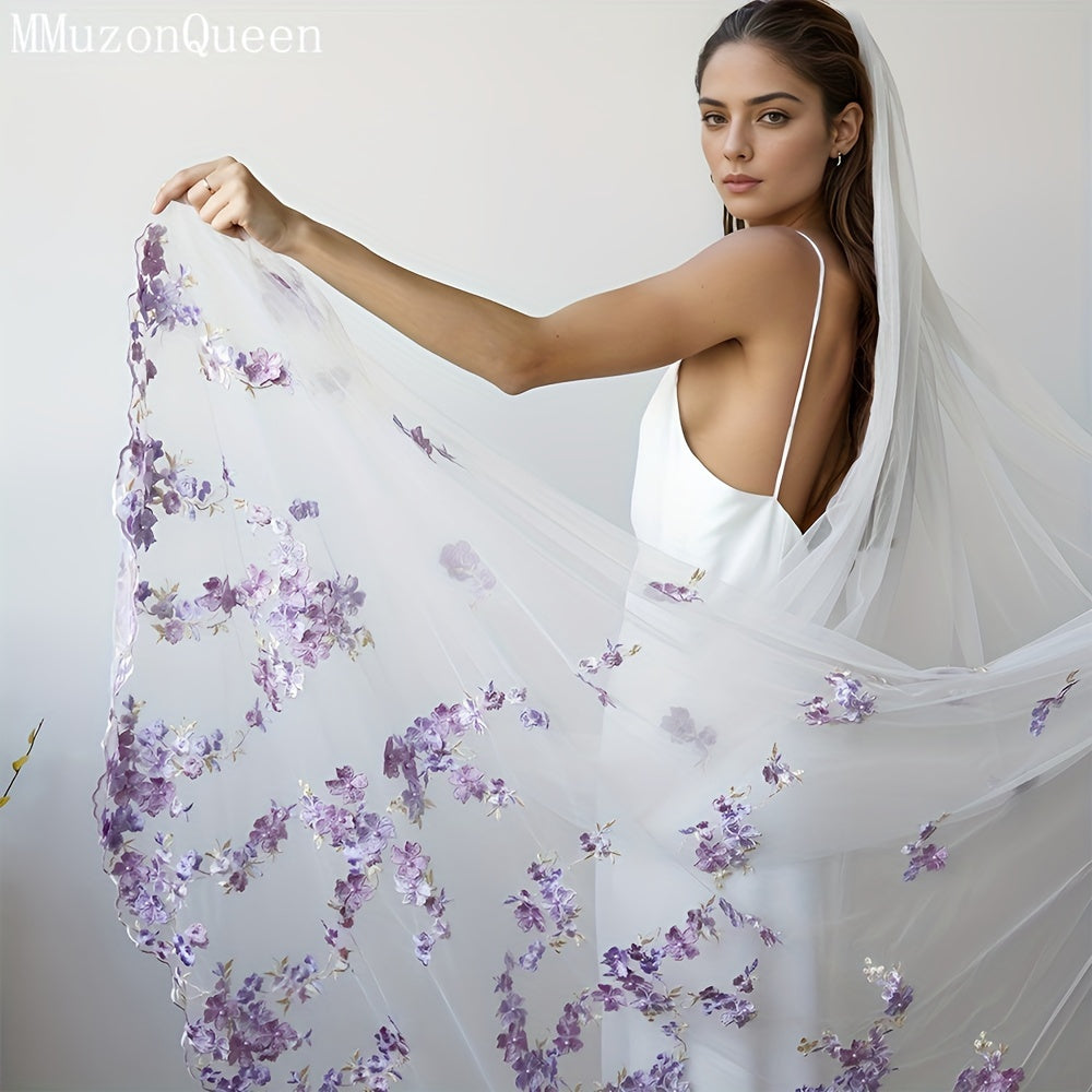 Lila gullari naqshli naylon to'y voil bilan bir qatlamli to'y aksessuari