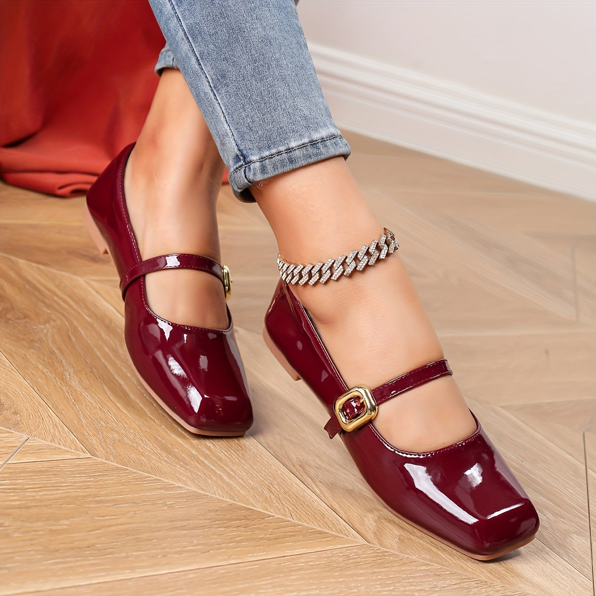 Women's Flat Shoes Mary Jane Square Toe Glitter Buckle Patent TPR Sole