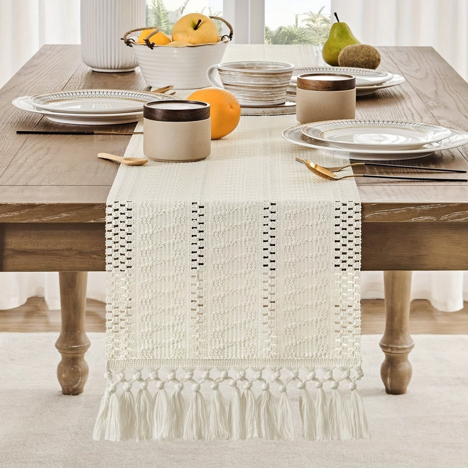 Bohemian Macrame Crochet Table Runner with Tassels for Rustic Farmhouse Decor