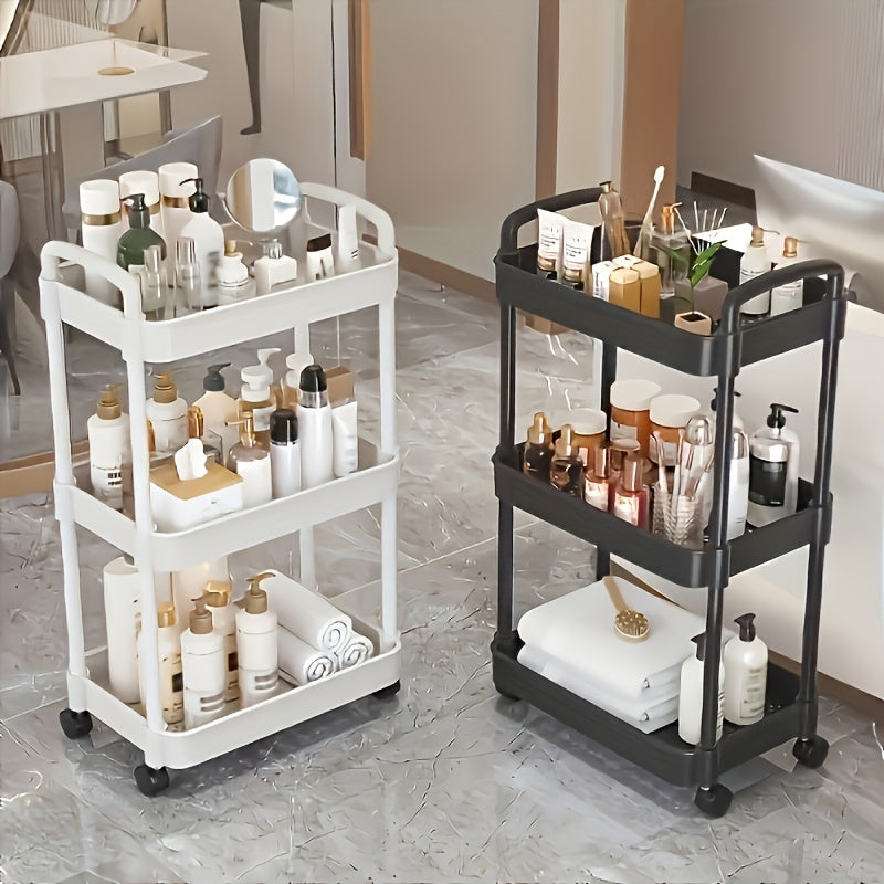 3-Tier Rolling Storage Cart with Movable Drain Shelf for Kitchen and Bathroom