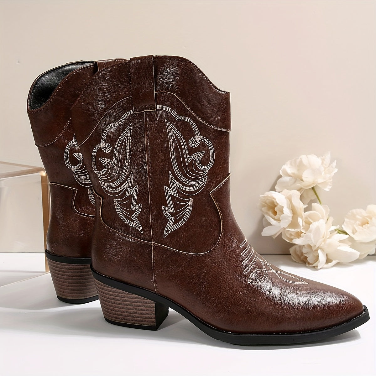 Women's Mid-Calf Faux Leather Bohemian Boots with Embroidery
