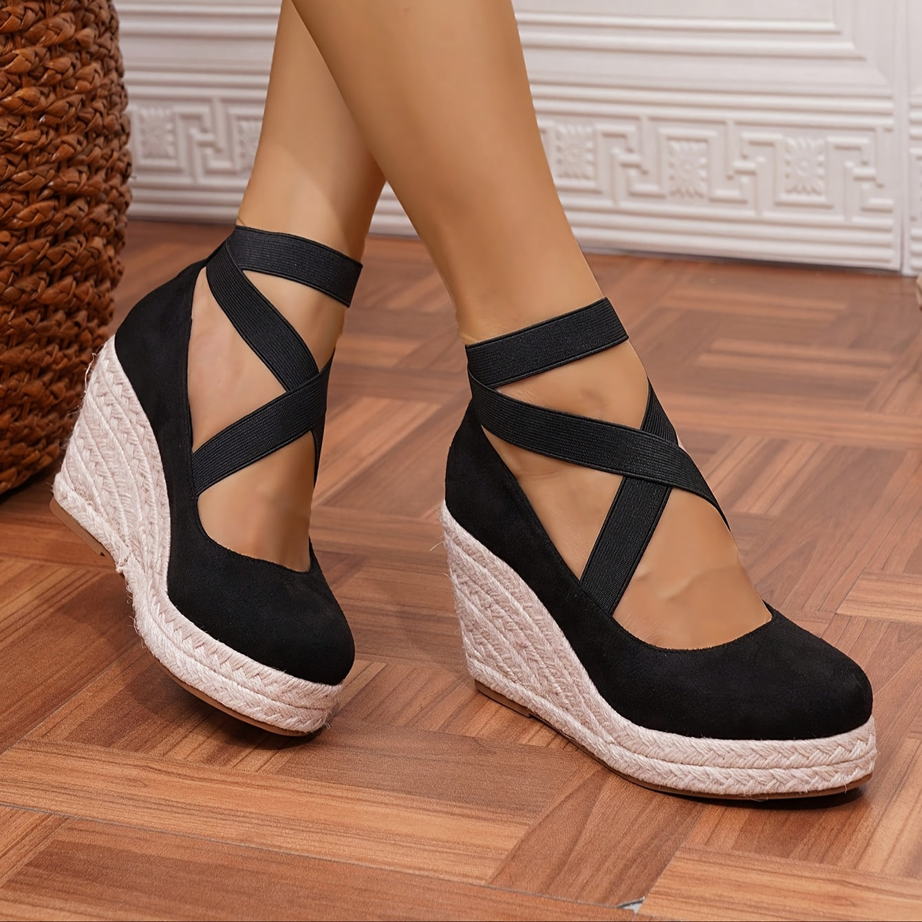 Women's Wedge Espadrilles Black Rope Sole Minimalist Ankle Strap Slip-Ons