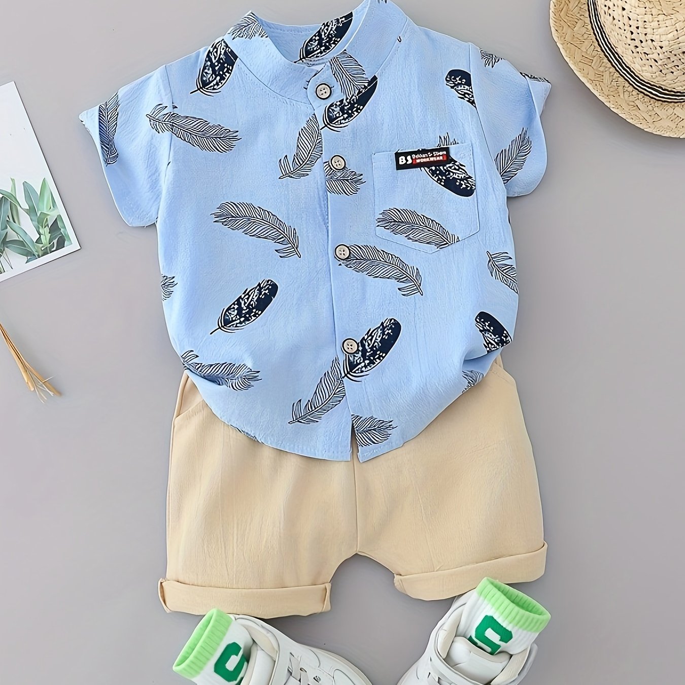 Baby Boys' Summer Cotton Casual Feather Pattern Shirt and Shorts Set