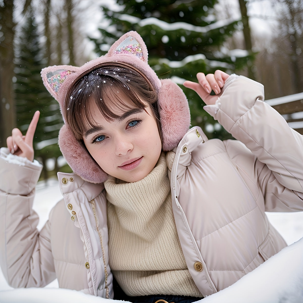 Women's Cat Ear Winter Earmuffs Sparkling Sequin Solid Color Polyester