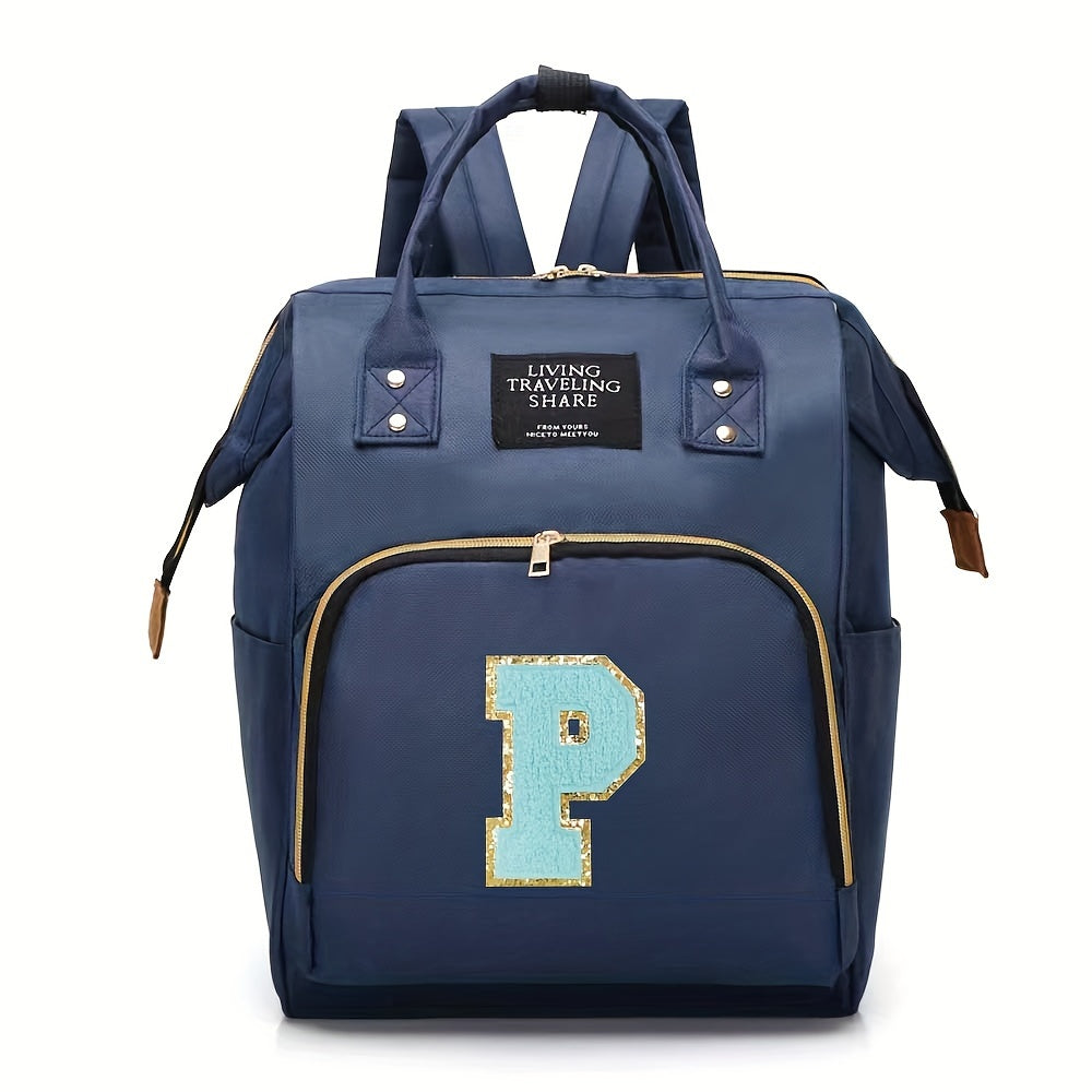 Blue Polyester Diaper Bag with Multiple Compartments and Bottle Holder