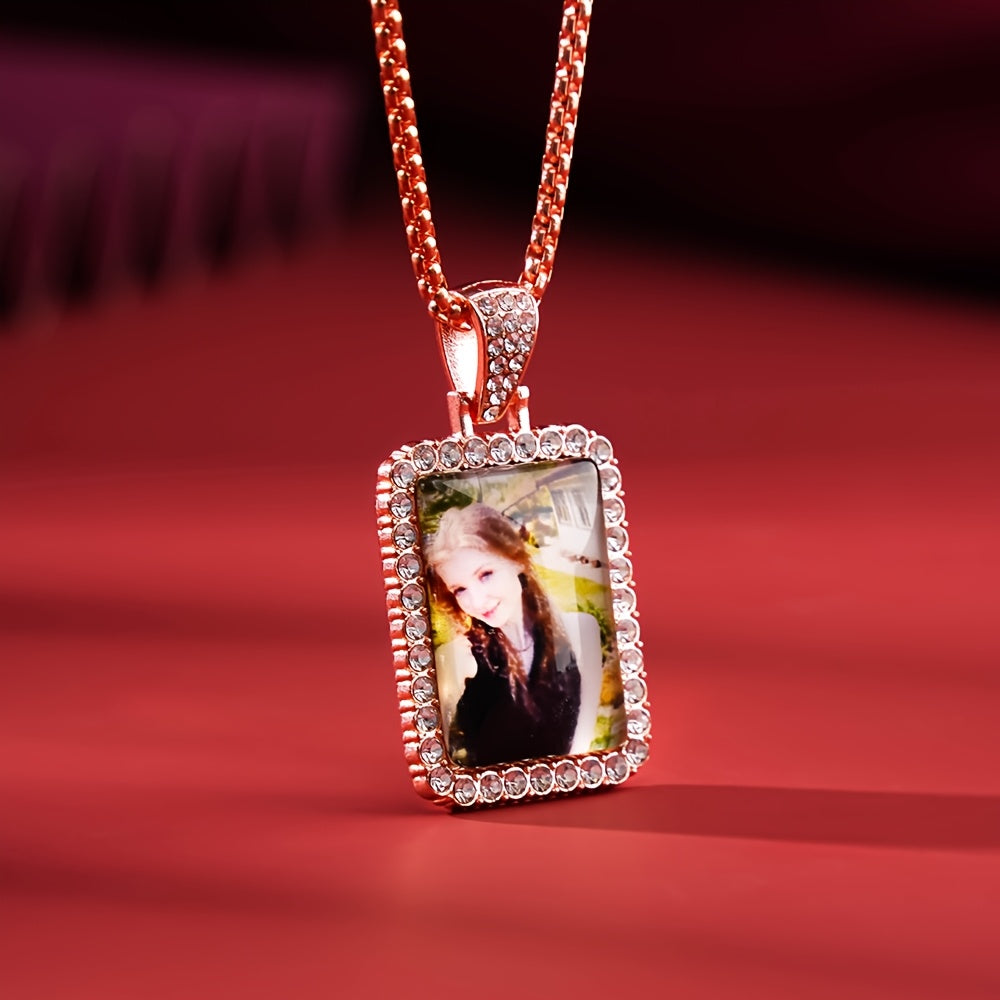 Винтажное богемное стильное индивидуальное фото-локетное ожерелье с блестящим квадратным стразом - изготовлено из цинкового сплава, идеально подходит для повседневной носки или в качестве подарка на годовщины - персонализированный ретро-богемный стиль